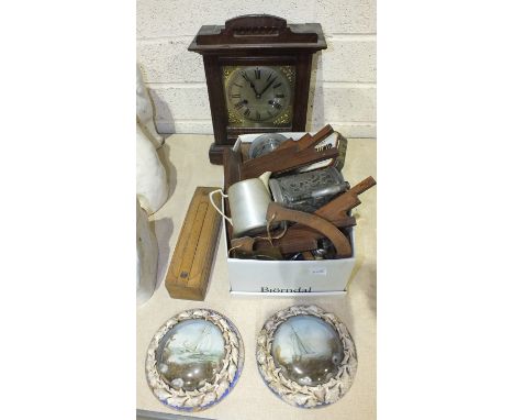 An oak mantel clock, a pair of shell dioramas and other items.
