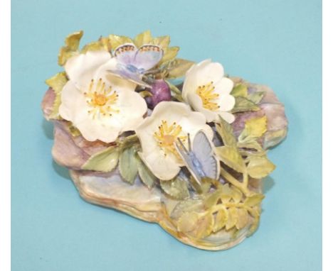 Six various Dunheved ceramic figures, including a prototype model of a song thrush on dog roses, a grey wagtail, a redstart, 