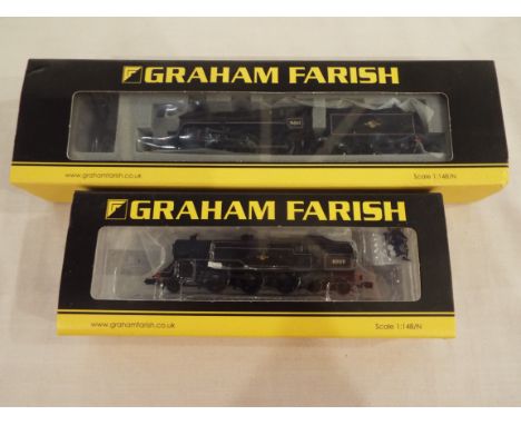 Graham Farish by Bachmann - two N Gauge model locomotives comprising Class 4MT 2-6-0 steam loco with tender op no 76063 # 372