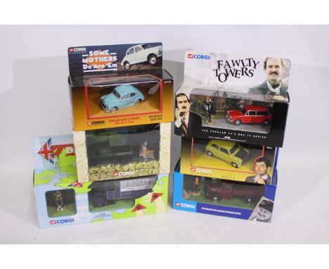 Corgi - 6 x TV related vehicles including Fawlty Towers Austin 1300 # 00802, Mr Bean Mini # 96011, Dad's Army van # 09002, He