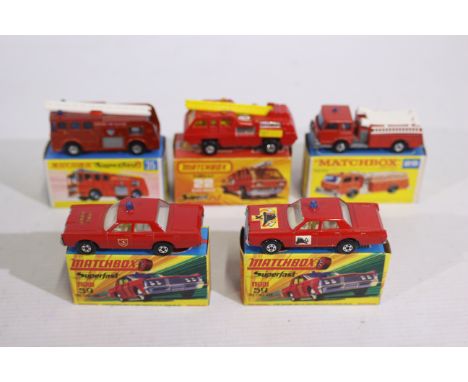 Matchbox - Superfast - 5 x boxed Fire Vehicles, Merryweather Fire Engine in metallic red # No.35, Fire Pumper Truck # No.29, 