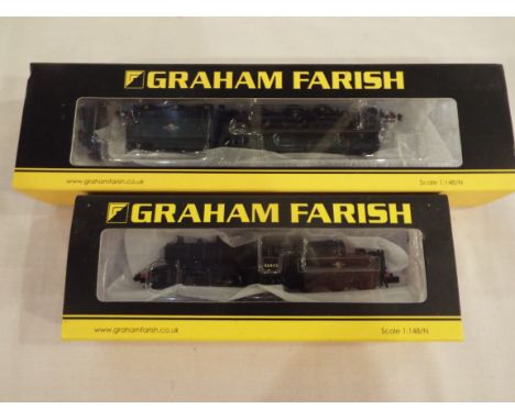 Graham Farish by Bachmann - two N Gauge model steam locomotives with tenders comprising Class 5MT 4-6-0 op no 73014 # 372-728