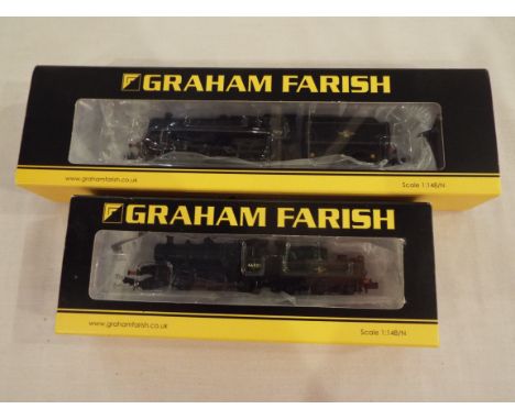Graham Farish by Bachmann - two N Gauge model steam locomotives comprising Class 5MT 4-6-0 steam loco with tender op no 73158