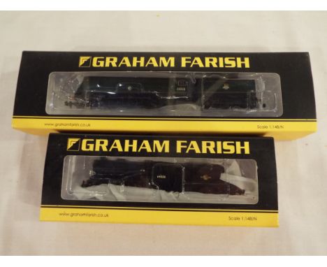Graham Farish by Bachmann - two N Gauge model steam locomotives with tenders comprising Merchant Navy Class 4-6-0 op no 35023