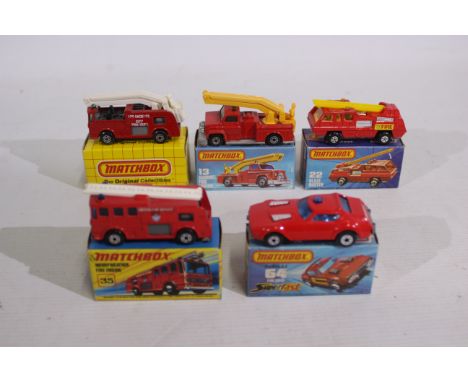 Matchbox - Superfast - 5 x boxed Fire Vehicles, Merryweather Fire Engine # No.35, Snorkel # No.63, Blaze Buster # No.22, Snor