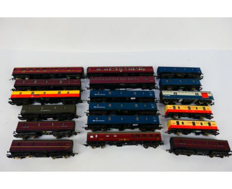 Lima - Airfix - Tri-ang - A collection of OO gauge coaches and vans including 3 x Express Parcels vans in BR blue, 2 x Tartan