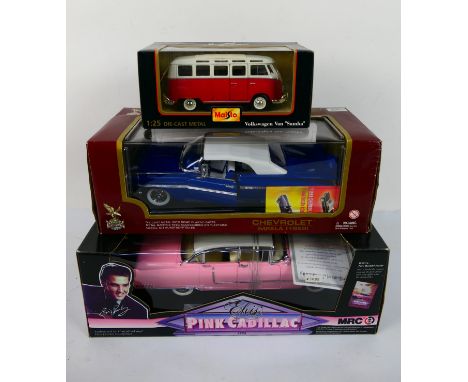 Maisto Road Legends - MRC - Three boxed larger scale diecast model cars. Lot includes MRC 1:18 'Elvis' 1955 Pink Cadillac; Ro