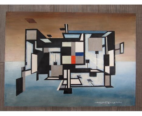 SPATE HUNTERMANN (ROBERT HUNT 1934-2014) An acrylic on board titled "Wallines". Signed bottom right. 37.5cm x 52cm.  Former P
