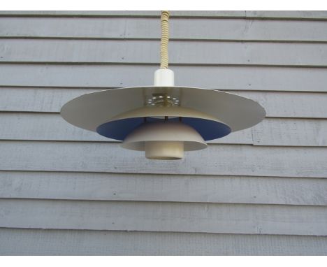 A Danish ceiling light in the Poulsen style in white and blue of four tiers, rise and fall fitting.  45cm diameter