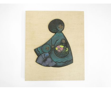 "Woman and Child" ceramic and fabric wall plaque in the style of Stig Lindberg,, 30.5cm x 36cm
