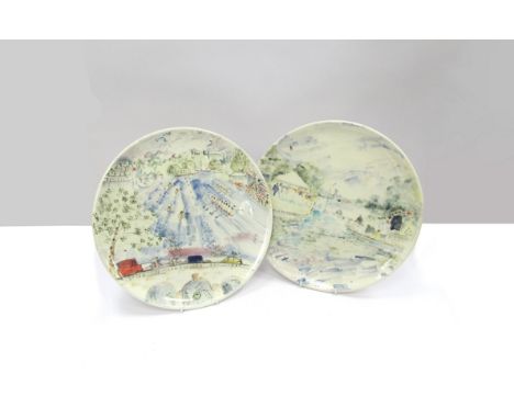 CHRISTINE HALL (XX): A pair of ceramic wall plates painted with scenes of Henley Royal Regatta. Painted and labelled details 