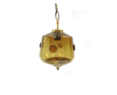 An Eric Hoglund designed ceiling pendant light with dark amber glass with bubble and speck inclusions, applied roundels with 
