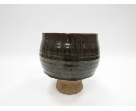 DAVID LEACH (1911-2005): A Lowerdown Pottery stoneware pedestal bowl with tenmoku glaze. Impressed pottery and personal seals