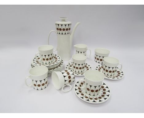 A John Russell coffee service comprising coffee pot, milk and sugar, six cups, six saucers and six tea plates, Black Velvet p
