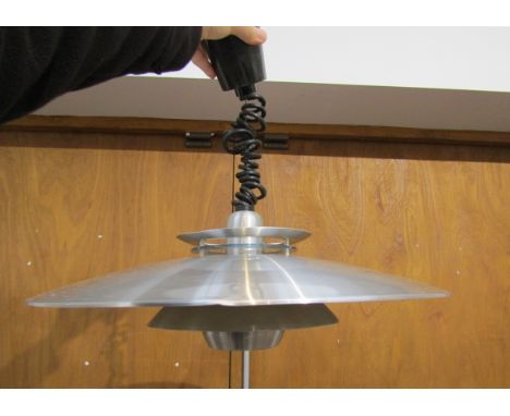 A Danish five tiered ceiling light in the Poulsen style in aluminium and white.  Approx 50cm diameter 