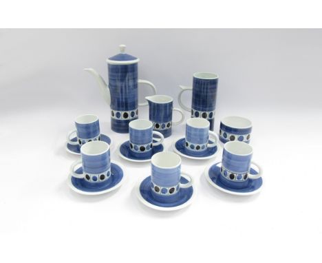 A Cinque Ports Rye Pottery coffee set comprising coffee pot, sugar bowl, milk jug, tall mug, six cups and six saucers, painte