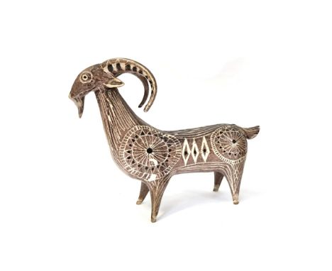 MARGARET HINE (1927-1987) (ARR) A ceramic figure of a goat, manganese glaze with white line and circle detail. Painted 'Margi