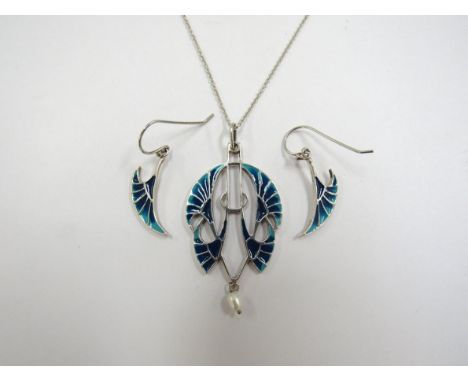 An Art Nouveau revival silver and enamel open work pendant with pearl drop and matching earrings, ORTAK design, possibly Malc