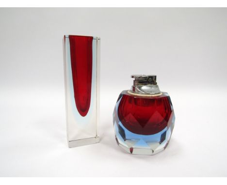 A Murano Sommerso lighter with facetted sides, ruby encased in blue, 10cm higjh,  together with a stem vase, red and pale blu