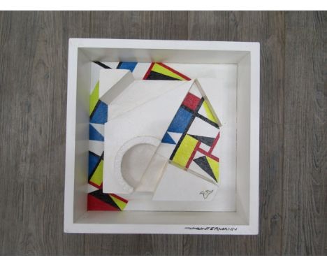 SPATE HUNTERMANN (ROBERT HUNT 1934-2014) A framed acrylic on wood relief titled "Mondain". Signed on frame bottom right. Over