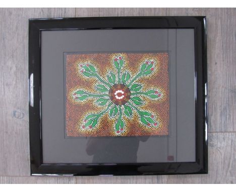MAGGIE WILLIAMS (XX) A framed and glazed original oil on paper, aboriginal painting entitled "Bush Banana", labels verso. 17.
