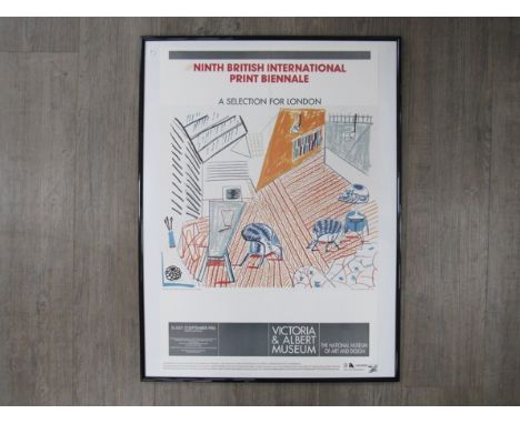 A David Hockney "Pembroke studio with blue chair and lamp" 1986 framed original art exhibition poster, 76cm x 51cm