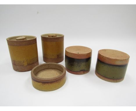 ROBIN WELCH (1936-2019): A studio pottery standard ware salt &amp; pepper, two canisters and dish. Tallest 9.5cm