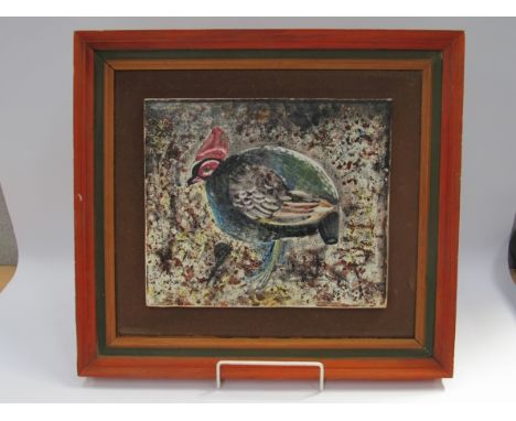 A David Sharpe hand painted ceramic panel decorated with a Guinea Fowl.  Signed.  28.5cm x 35cm, set in a wooden frame