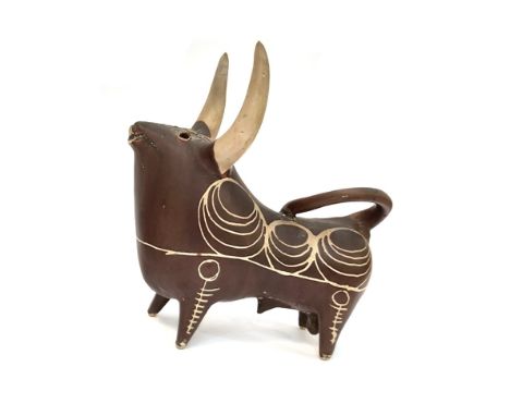 WILLIAM NEWLAND (1919-1998) (ARR) A ceramic figure of a bull, manganese glaze with white line and circle detail. Painted sign