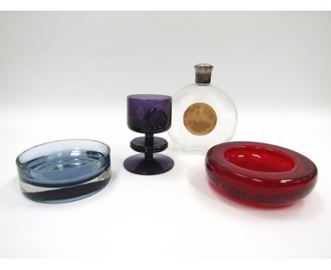 A collection of art glass including Lalique moulded perfume bottle, Wedgwood Sheringham candleholder in amethyst, Whitefriars