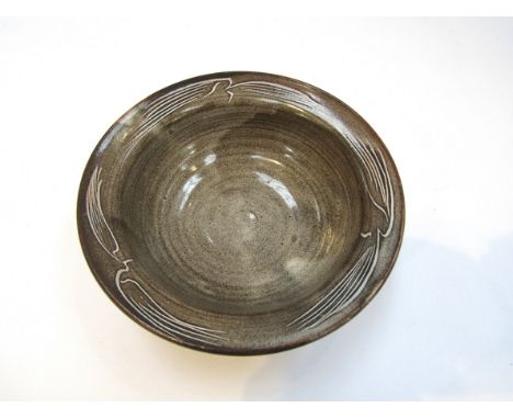 DAVID LEACH (1911-2005) A studio pottery 'bird bowl', ash glazed with incised bird decoration.  Impressed personal seal.  15.