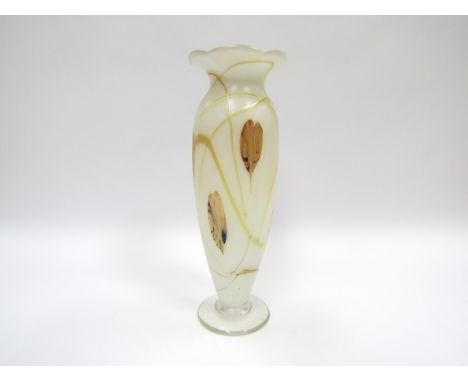 An Okra Glass tall iridescent glass vase in white, ochre and gold colours, clear foot. Titled "Opal Ayrum", No. 11/500 and si