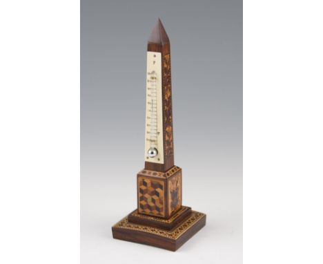 A Tunbridge ware oblilisk shaped thermometer with geometric design.
