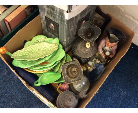 A box including various ceramicware including Carlton ware, a Toby jug, beer stein, candlestick etc.