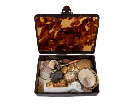 To be sold without reserve  Property of a Gentleman  A box with 10 portrait miniatures, a cameo, a tourist's pipe, a black wa