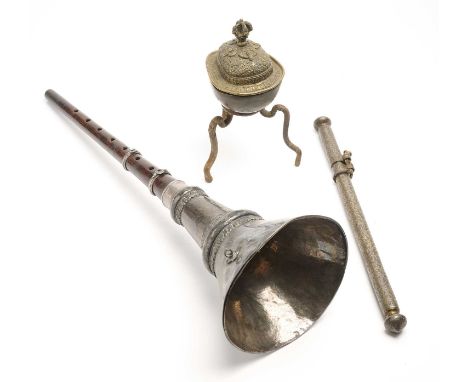 THREE RITUAL OBJECTS, TIBET, 18TH/19TH CENTURIES comprising a silver concertina trumpet (dungchen), with wood shaft and singl