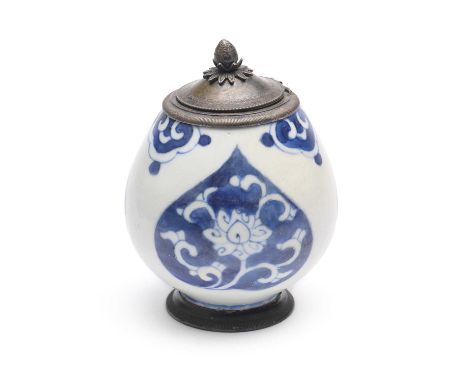 A KANGXI BLUE AND WHITE ROSEWATER BOTTLE CONVERTED INTO AN INKWELL, 18TH CENTURY porcelain bottle with Ottoman silver lid and