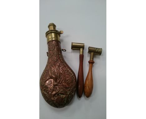 J. Hawksley of Sheffield powder flask with a copper body embossed with dead game together with a shot measurer and a powder m