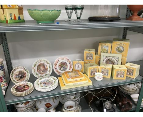 A shelf containing a large quantity of various Royal Doulton china Brambly Hedge plates, dishes and vases, many with original