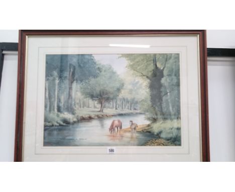 David R Meeks: framed and glazed watercolour; horses drinking by stream (20" x 13.5").