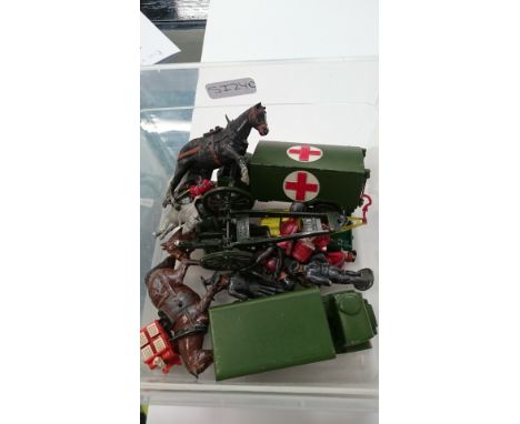 A Britains Gun on Carriage, two Dinky military ambulances and lead figures (latter a/f).