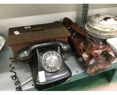 A black cased Bakelite telephone handset (af) together with a wooden box containing a kitchen meat mincer and a Japanese hard