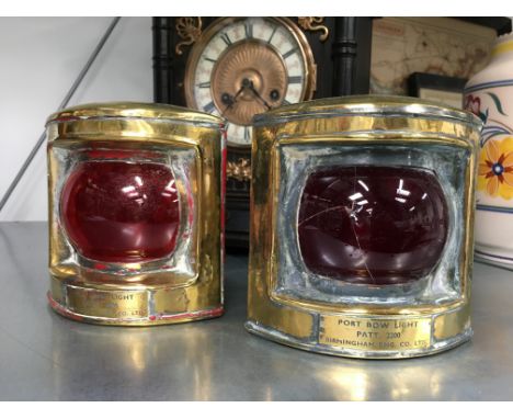 A pair of small early 20th century brass cased Port Bow lights with red glass, inscribed, Port Bow Light Patt. 220 Birmingham