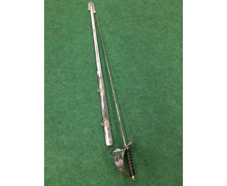 A reproduction chromium plated sword in scabbard.