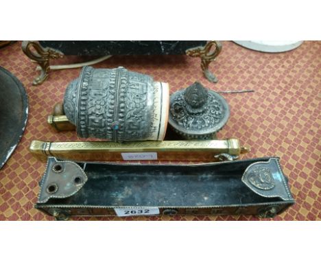 Two Islamic scholars/scribes sets with space for rules and inkwell, a pen tray, a Tibetan prayer wheel.