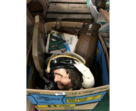 A box containing a Knowle Greyhound Stadium Racing plaque from the 1930's to the 1950's, "God Speed The Plough" jug, soup lad