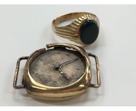 A 9 carat gold blood stone set ring together with a 9 carat gold watch (af).