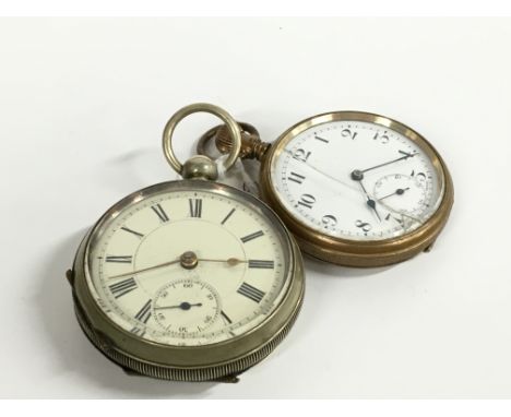 A gentleman's silver plated engine turned cased open faced pocket watch, white enamel dial with Roman numerals, subsidiary di