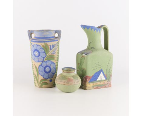 Group of three folk art Mexican opaco (opaque or matte) style "Tonala" tourist pottery vessels, ca. 1930-1940s. Each depictin