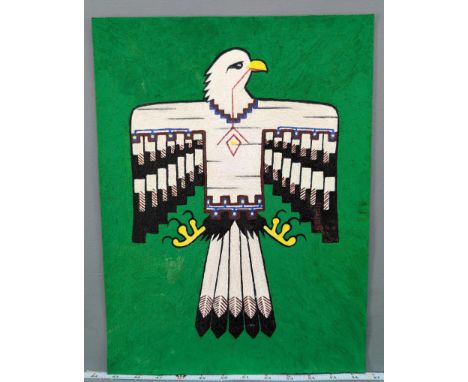 Original painting depicting a white eagle on a green background signed Behon LaPrairie entitled Bald Birchbark Eagle, and dat